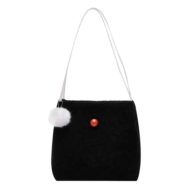 cheap Fashion Delicate Women Plush Bucket Handbags Classic Durable Winter Fleece Pompom Shoulder Bag Simple Shopping Totes