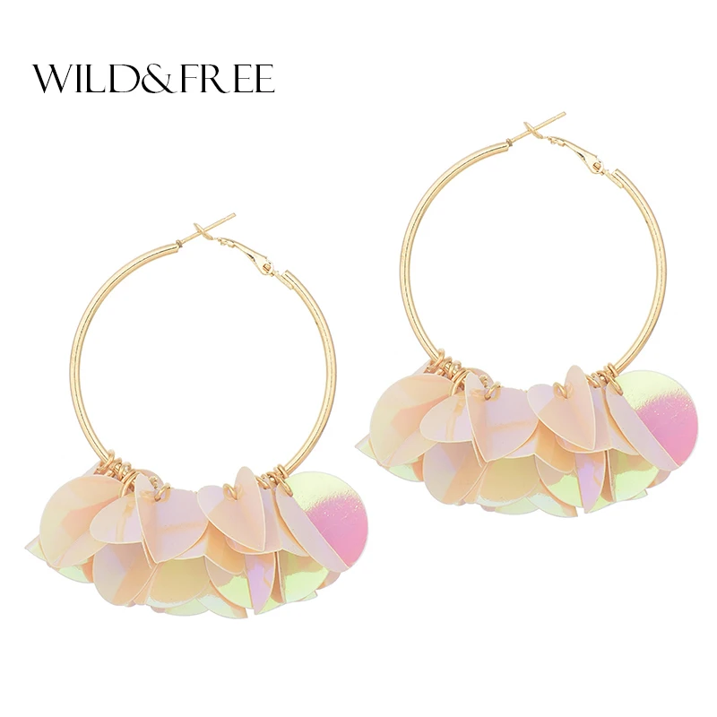 

Wild & Free Fashion Statement Hoop Earrings Large Gold Circle Pink Green Red Sequins Earrings Party Jewelry Wholesale