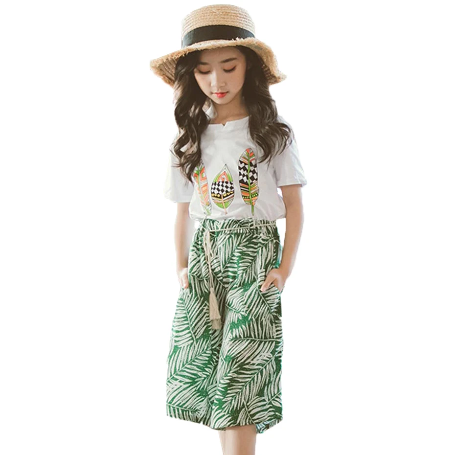 2019 Kids Girls Beach Clothes Set Leaf Pattern Shirt Shorts 2pcs Girl
