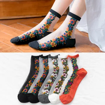 

New Arrival Retro Flower Silk Women Socks Spring and Summer Transparent Crew Socks Women 1 Pair Dropshipping Supplies