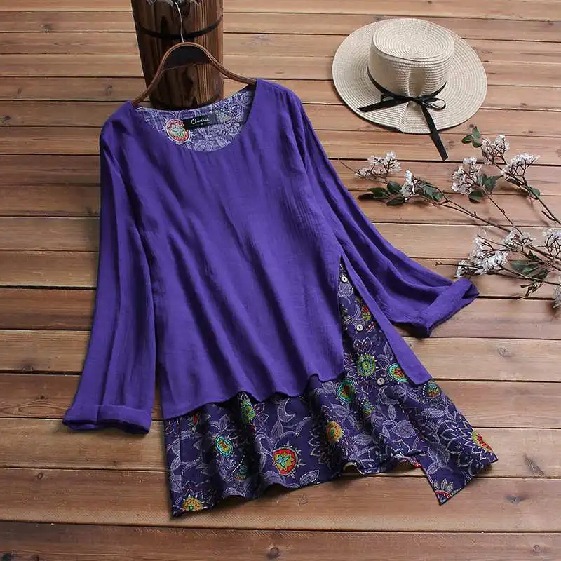 Fashion Women's Print Blouse ZANZEA Patchwork Tops Casual Long Sleeve Asymmetrical Shirts Female Blusas Plus Size Tunic