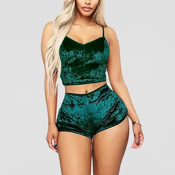 

Fashion Women 2pcs Velvet Sleepwear Sexy Spaghetti Strap Velvet Shorts Pajama Set Ladies Sleepwear female Pajama Party Set