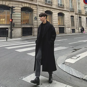 

Male Streetwear Woolen Jacket Outerwear Men Double Breasted Vintage Fashion Casual Loose Wool Long Coat Windbreaker