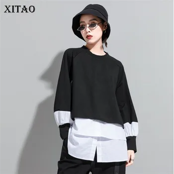 

XITAO Women T Shirt 2020 Pullover Pleated Goddess Fan Casual Style Small Fresh Full Sleeve Patchwork Irregular Tee DZL2188