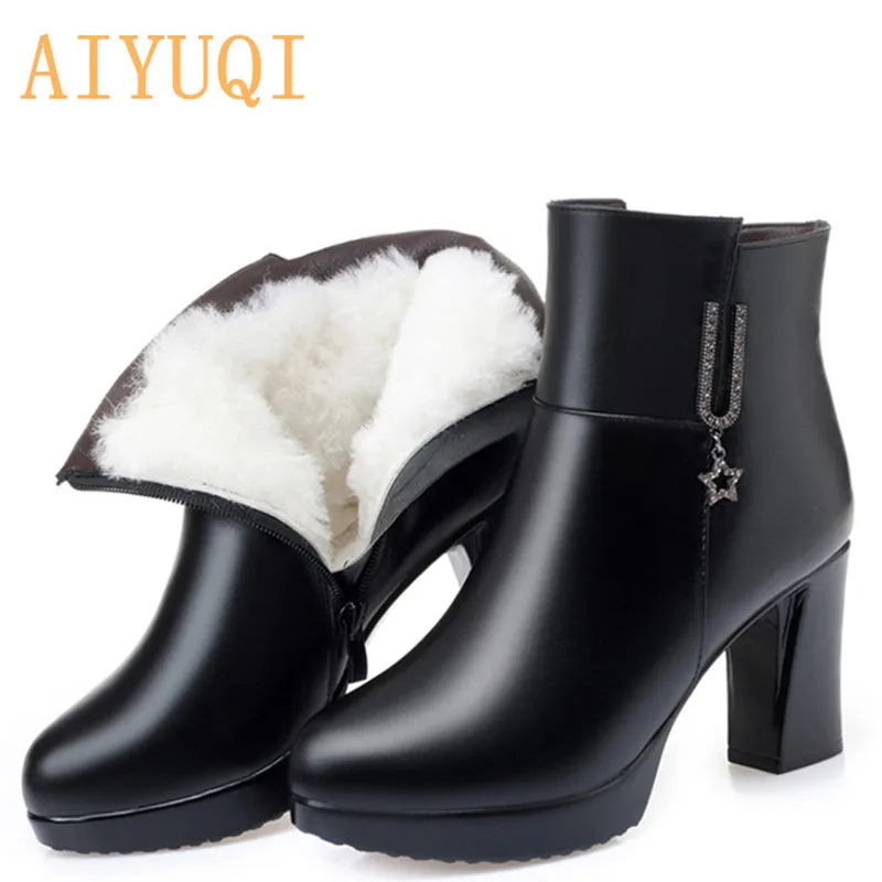 

AIYUQI Women Boots Warm Winter Boots Full Cowhide Thick heel Australia Wool Fashion Rhinestone Ankle Boots Women