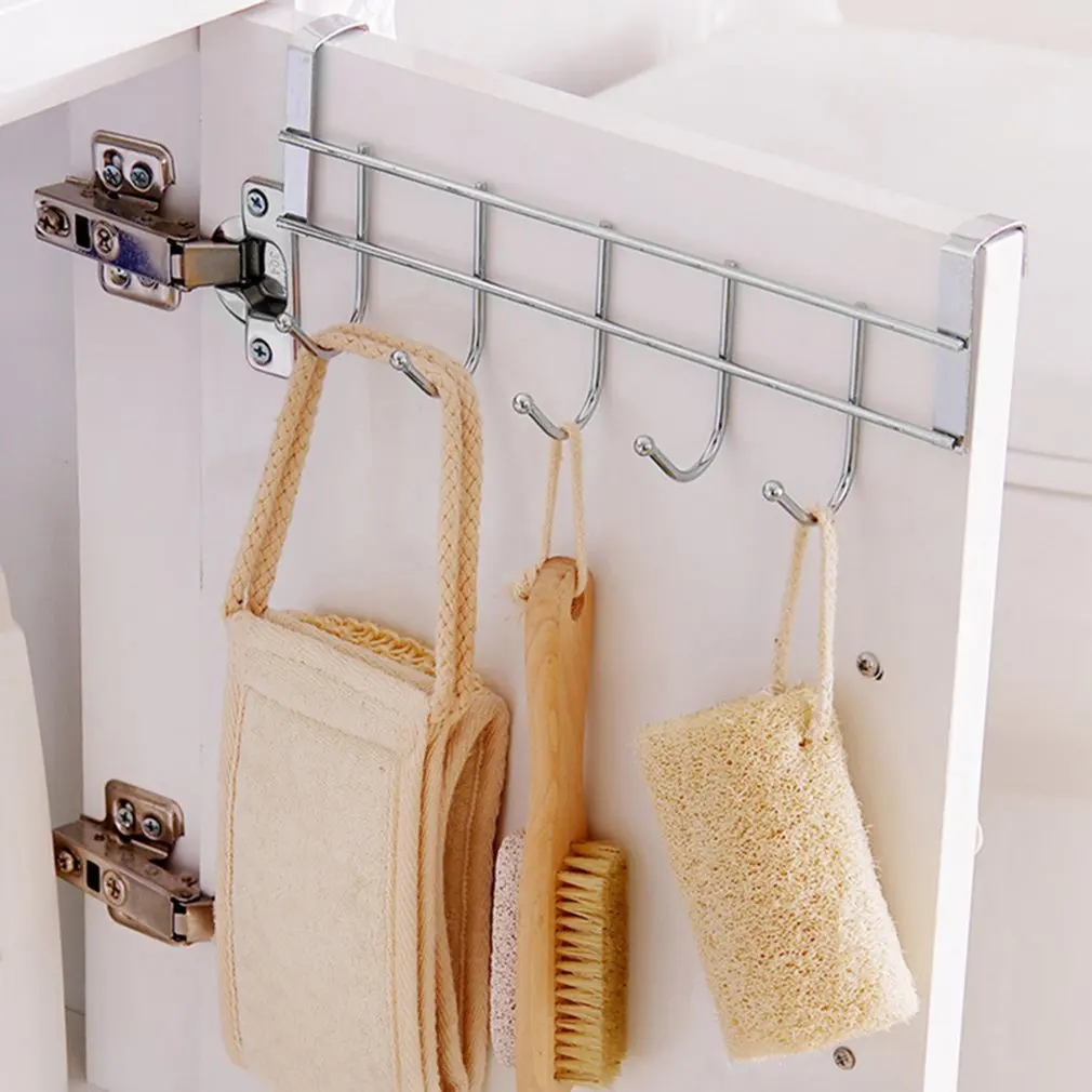 LeobooneEco-Friendly Silver Metal Over Door Home Bathroom Kitchen Coat Towel Hanger Rack Holder Shelf 5 Hooks Hooks & Rails 