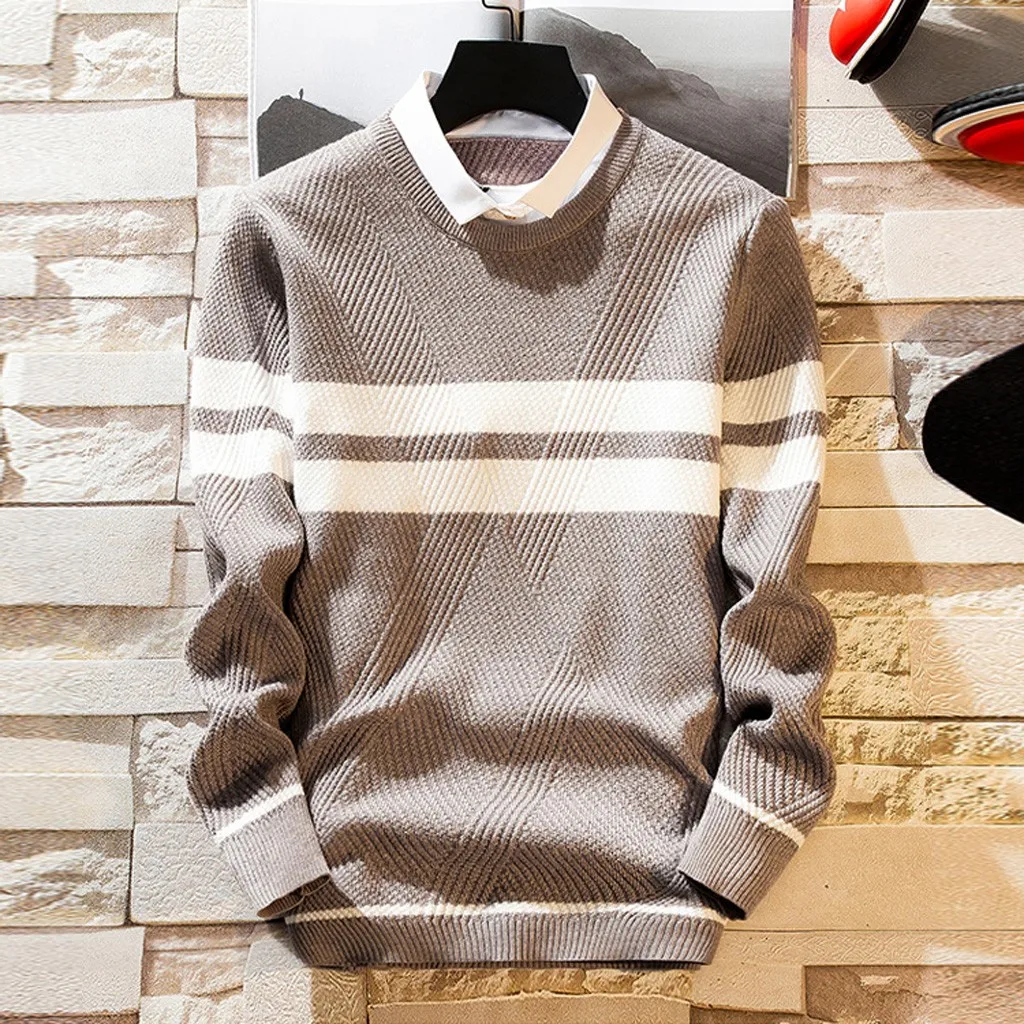 Men's New Autumn Winter Casual Long Sleeve Knitting Sweaters Tops Crocheted Striped Knitted Sweater Men Pullover Clothes 10.25