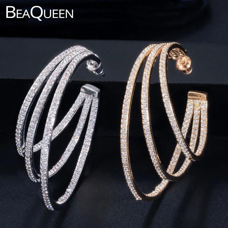 Женские Крупные круглые серьги BeaQueen 3 ряда с кубическим цирконием массивное