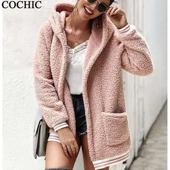 

Women Autumn Winter Thick Warm Hooded Zipper Pocket Hoodies Casual Solid Striped Print Stitching Coat Jacket