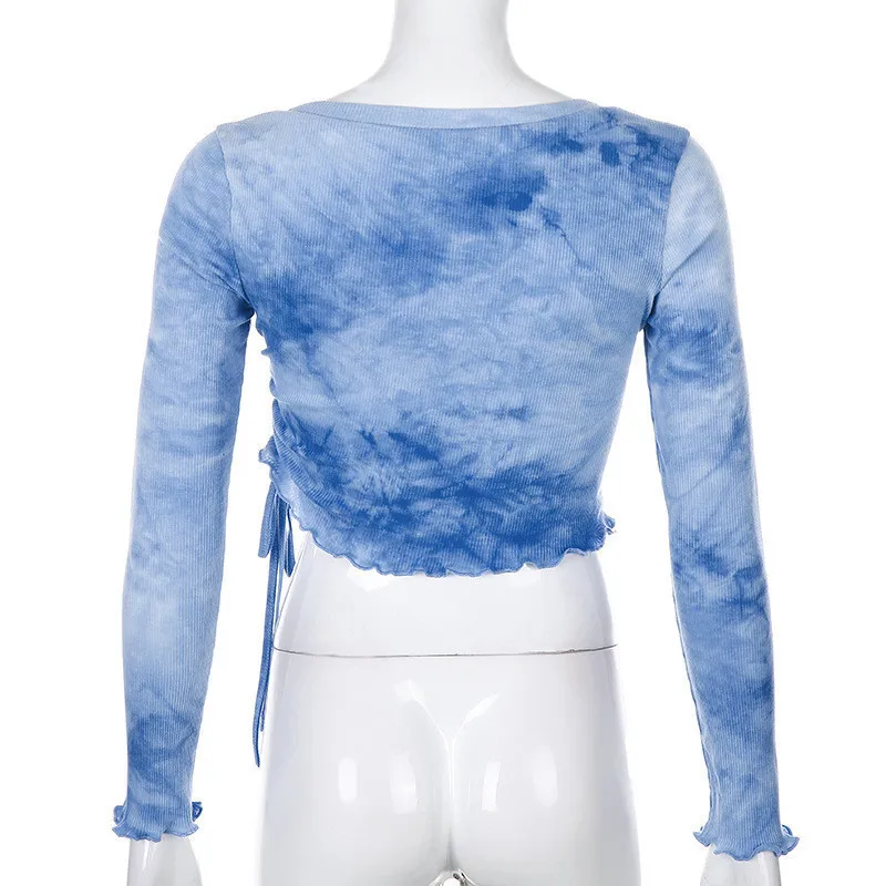 High Street Women's Tie-Dye Top Long Sleeve Round Neck Letter Embroidered Folded Tie T-shirt Hip Hop Girl Base Shirt Street Wear