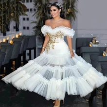 

ALLU RING Evening Dress White Tiered Ruffles Evening Dresses Sweetheart A-LINE Golden De Fiesta Robe De Soiree