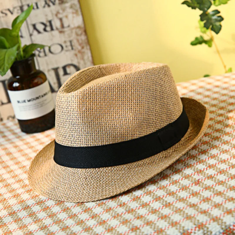 Men's Sun Hat Simple Linen Breathable Refreshing Hat Summer Travel Sunscreen Sun Ribbon Decoration Foldable Straw F58