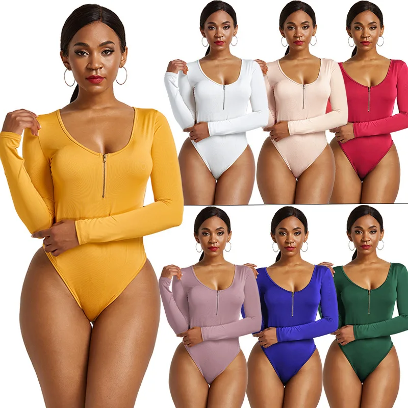 10 Colors Women's Sexy V Neck Long Sleeve Leotards Jumpsuit Zip up Front High Stretch Bodysuit Rompers Playsuit Bodycon Solid