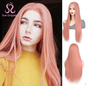 

SUe EXQUISITE Synthetic Lace Front Wigs Red Long Straight Mid Point Synthetic Women's Wig Black White Natural Hairline Full Wigs