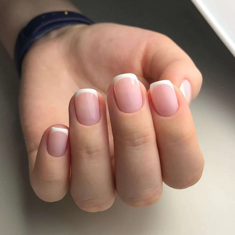 24pcs Shiny Short Square False Nail With Sticker Classic French Artificial Fake Nails Diy Full Cover Tips Manicure Tool False Nails Aliexpress