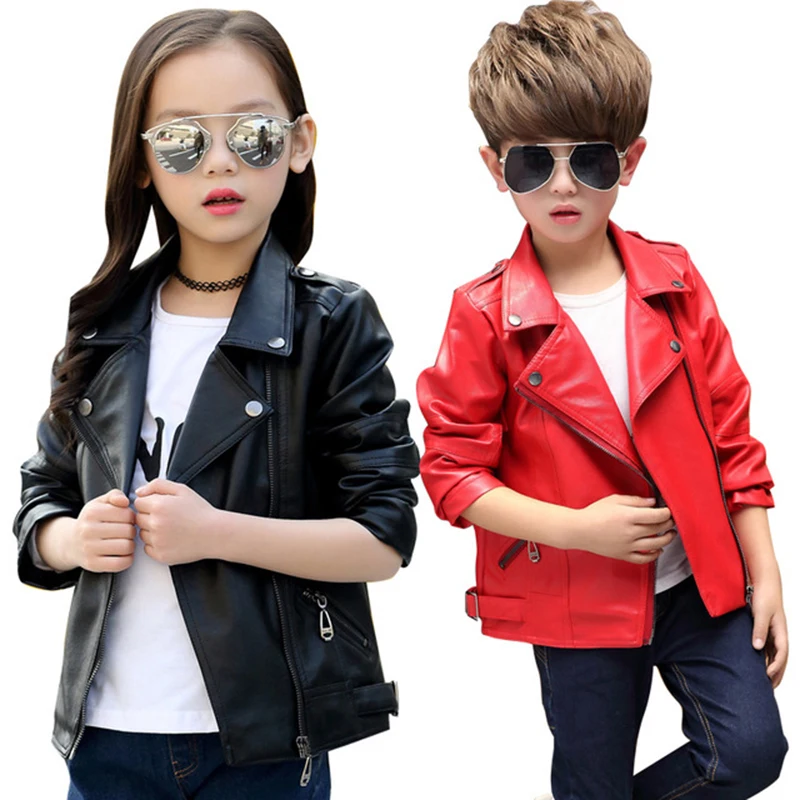 2-12 years old Girls faux leather Jacket Children PU Coat Long Sleeve Zip Belt Locomotive Jacket Stylish Teen Kids Boys Jackets