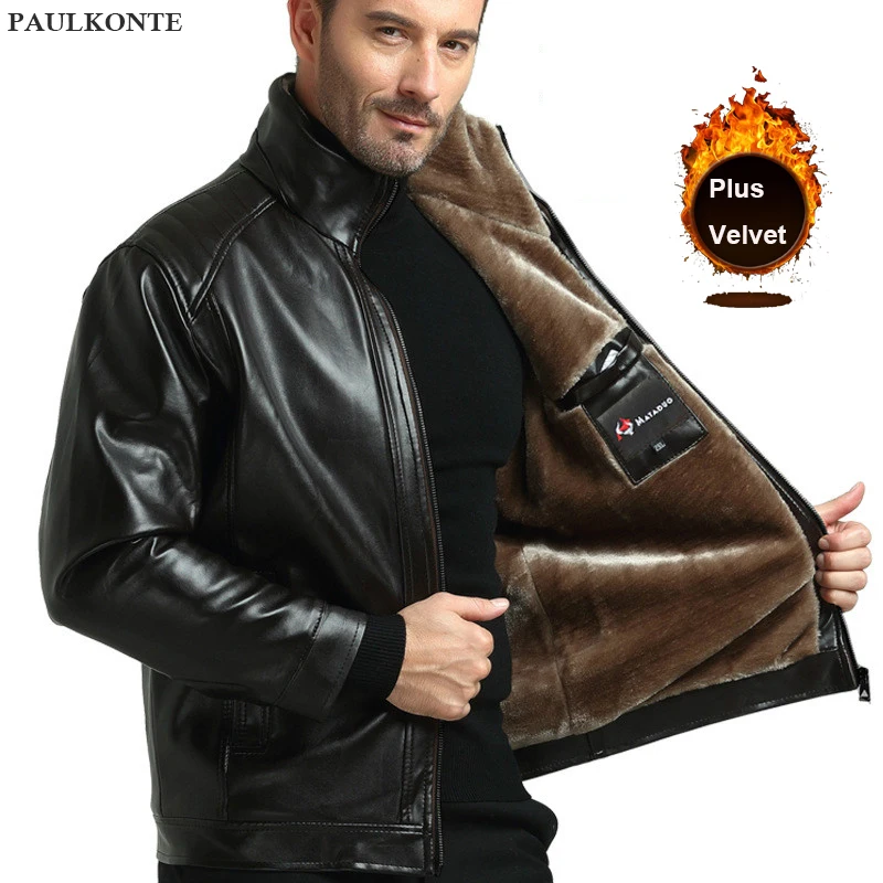 PAULKONTE, Мужская меховая кожаная куртка, зимняя искусственная кожа, мужская куртка, пальто, Толстая теплая меховая кожа, цельная Мужская куртка, пальто, жилет