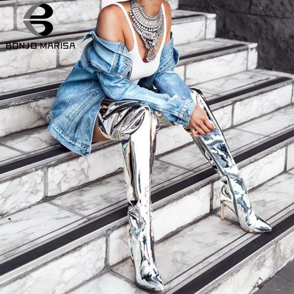 

BONJOMARISA Plus Size 30-48 Brand metallic Over The Knee Boots Lady Sexy Party Thigh High Boots Women High Heel Shoes Woman