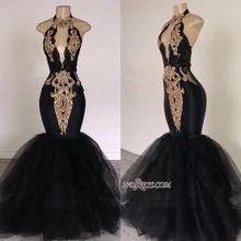 

Sexy Halter Mermaid Black Prom Dresses Long 2019 Gold Appliqued Lace Party Dresses Backless Evening Gown Robe de soiree