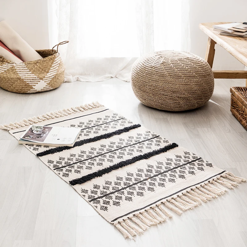 

Cotton Thread Handmade Weave Nordic Simple Tufting Tassel Geometric Carpet Kitchen Door Floor Bedding Mats Warm Home Decorating