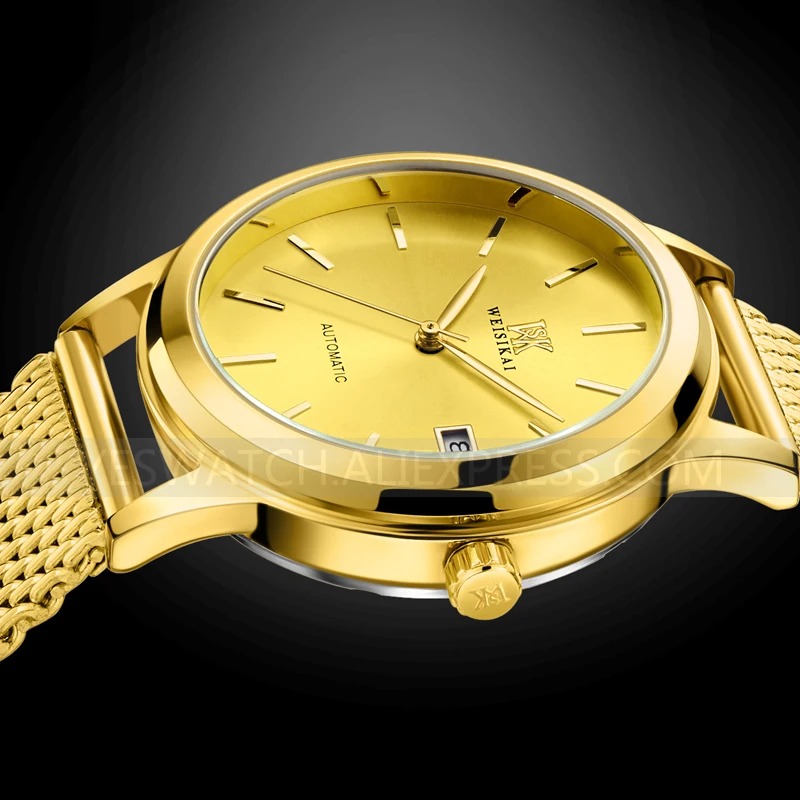 WSK золотые деловые мужские часы Топ Бренд роскошные стальные водонепроницаемые механические часы с датой Мужские автоматические часы