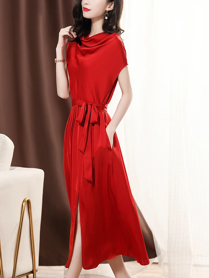 red silk midi dress