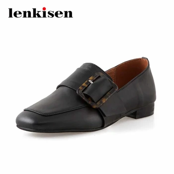 

Lenkisen large size european style full grain leather crystal buckle square toe low heel slip on pretty girls women pumps L56