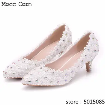 

Large Size Crystal Wedding Shoes Bride High Heels Pointed Toe Party Lace White Prom Dress Woman Pumps Zapatos Mujer