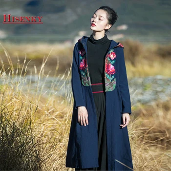 

Hisenky 2019 Autumn Chinese Style Trench Coat Women Retro Embroidery Long Hooded Windbreaker Vintage Ethnic Slim Jacket