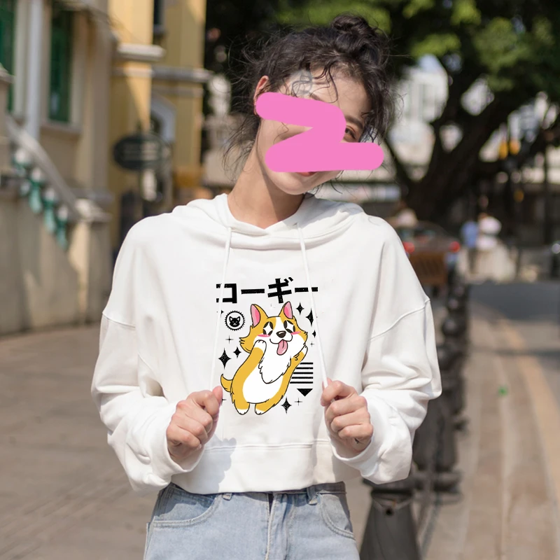 Womens Hoodies Pullover Sweatshirt Crop Top Hoodie Corgi Dog Cute Hoodies Pink Clothes for Teenage Girls Womens Long Sleeve Top
