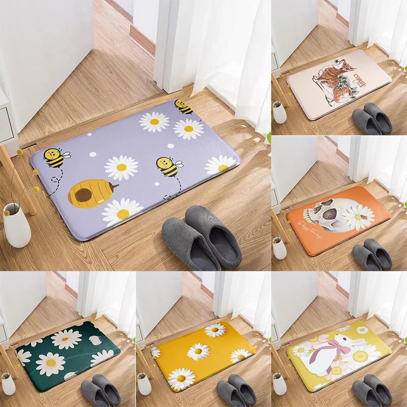 

New 3D Printed Flannel Carpet Daisy Skull Modern Living Room Floor Mat Home Decor Toilet Water Absorption Door Mats Non-Slip Rug