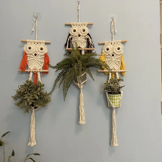 Children's Room Woven Flower Pot Hanging Basket Handmade Hemp Rope Owl Flower Pot Hanging Basket Bonsai Storage Decoration 2