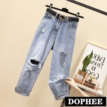 

Hole Jeans Pants Female Large Size Harem Pants 2019 Spring and Autumn Women Loose Straight Denim Trousers S-5XL