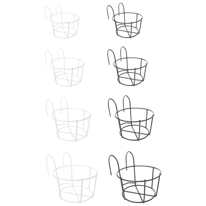 Balcony Round Flower Pot Basket Iron Railing Fence Hanging Potted Plant Rack Planter Stand Holder Garden Decoration 1Pc