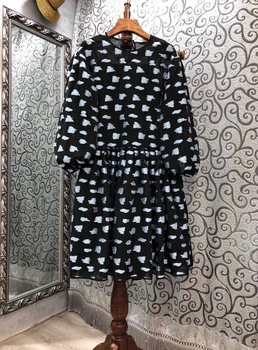 

2020 Early Autumn New Women's Lined Strap Decorative round Neck Printed Perspective Long-Sleeved Dress 801