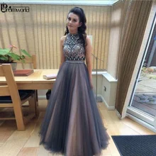 Серые Кристаллы бисером выпускное платье из фатина А-силуэта без рукавов Выпускные платья Длинные Vestidos De Fiesta Largos Elegantes De Gala