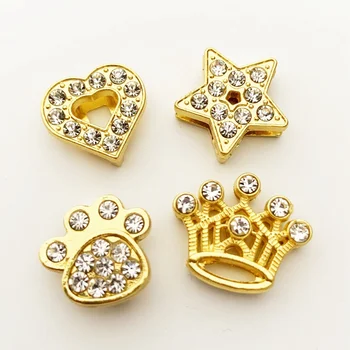 

50PCS 10mm Alloy Gold Rhinestone Heart Crown Star Slide Charms Slide Beads DIY 10mm Bracelets Wristbands Pet Collar Belt Strap