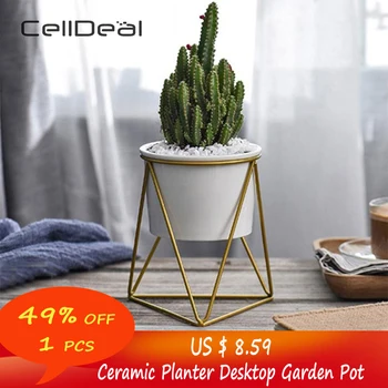 

Nordic Style Geometric Iron Rack Holder Metal Stand with Ceramic Planter Desktop Garden Pot for Succulents Plants Home Decor