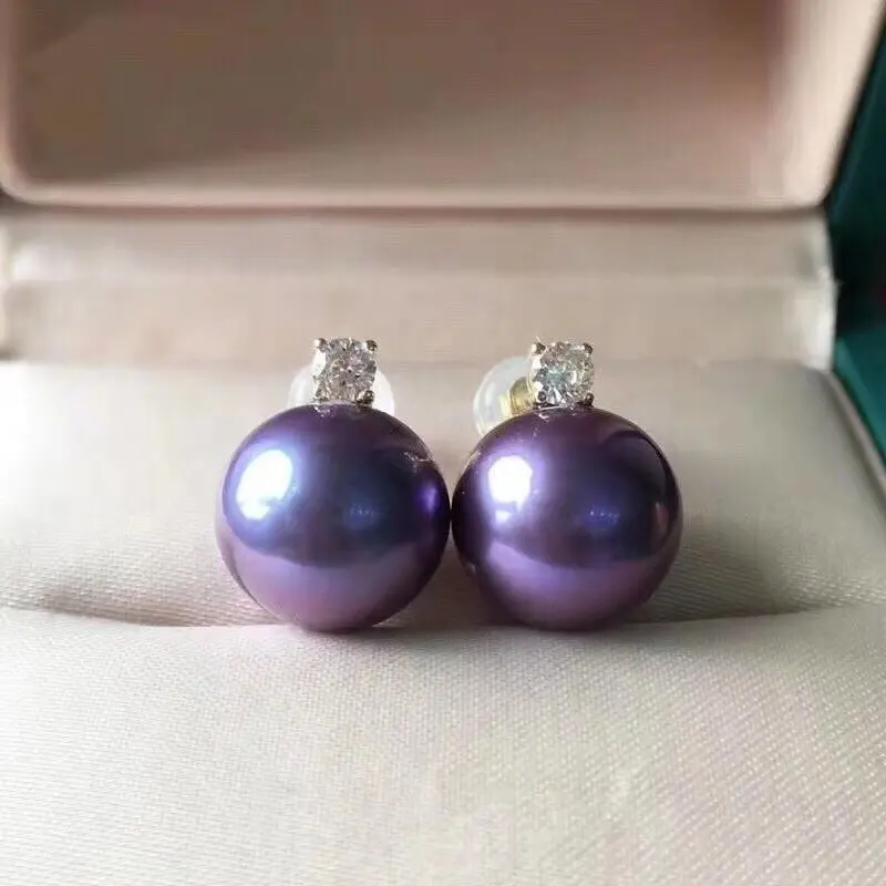 

D109 Fine Jewelry 9-10mm Pure 18 K Gold 1029 Natural Fresh Water Purple Pearls Stud Earrings for Women Fine Pearl Earrings