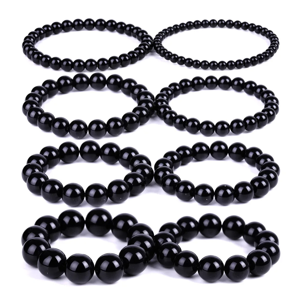 Black Obsidian Bracelet Buddhist Prayer Blessing Blackstone Healing Stone Ball Beads Jewelry Valentine's Present