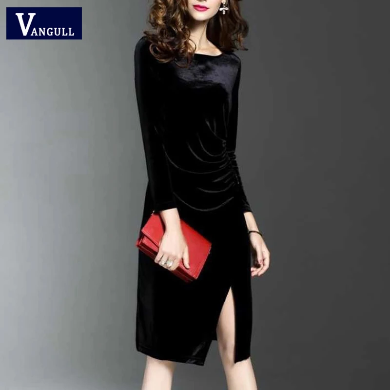 Cena Vangull kobiety aksamitna sukienka stałe elegancka kobieta szczelina dołem Ruched sukienka 2019 nowy jesień zima długie sukienki kobiety odzież