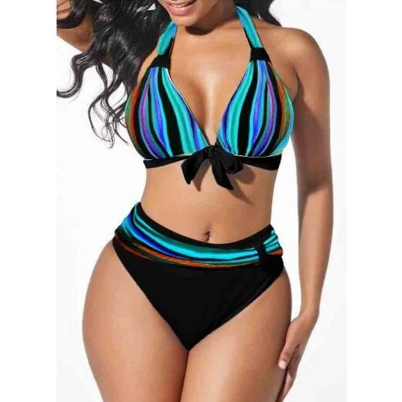 S-5XL Plus Size Neon Striped Bikini Set Push Up Women High Waist Halter Beach Swimwear Retro Bowknot Bathing Suit Swimming Suit gold bikini set