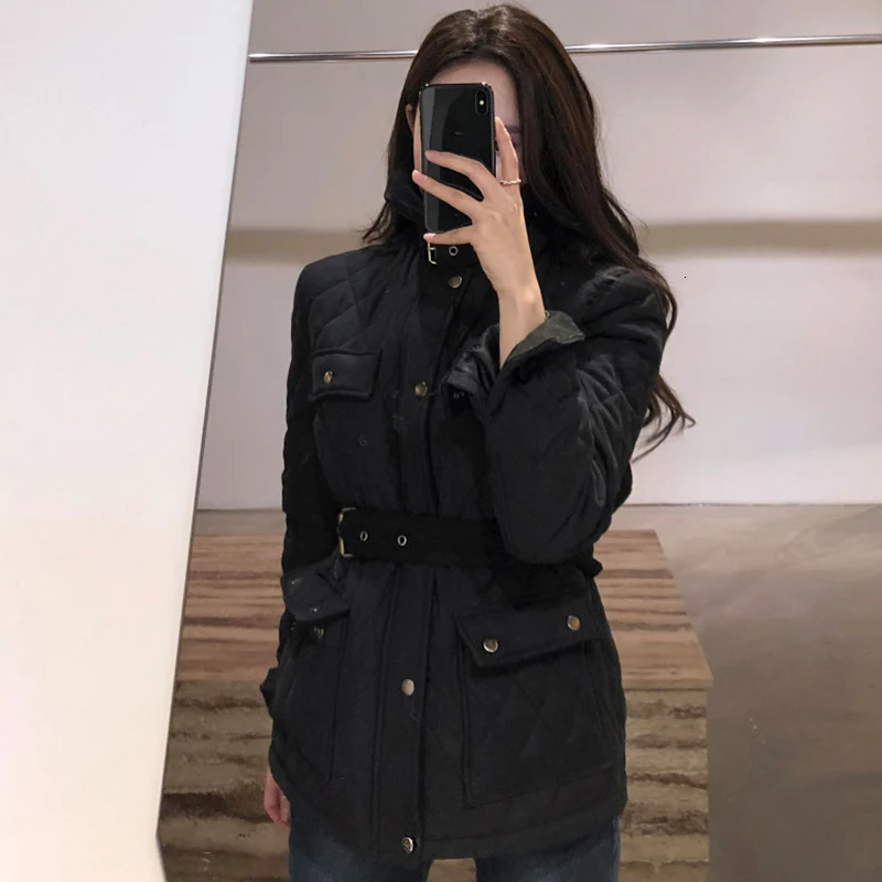 SHENGPALAE Chic High Quality Grid Self-cultivation System Belt Design Jacket Cotton Short Fund Korean Loose Coat Woman FV427