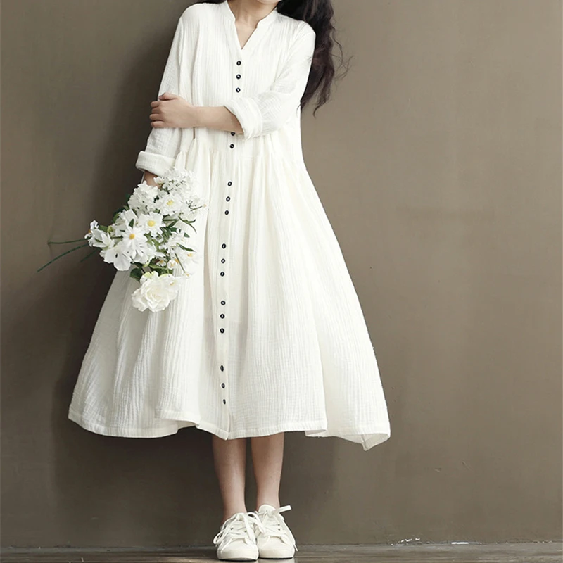 

[EWQ] 2019 Spring Autumn New Pattern V-collar Long Sleeve Cotton And Linen Full Loose Sinlge Breasted Dress Women AH26605