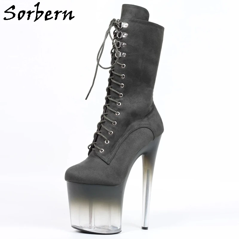 Sorbern Black Ladies Women Boots Low Calf High Boot For Pole Dancer Gradient Perspex Heels 8 Inch Crossdresser Fetish Shoes