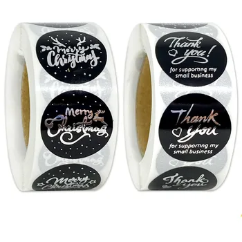 

Novel Multi-pattern Merry Christmas Thank You Stickers 500pcs Silver Black Label Holiday Envelope Handmade Decor Sealing Sticker