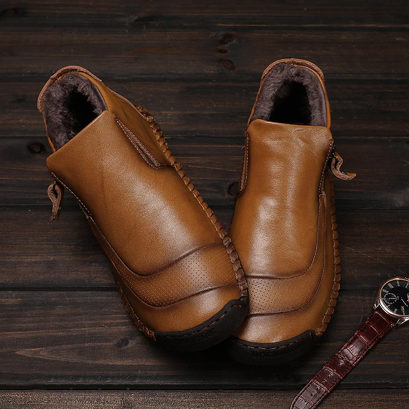 Tanie Mężczyźni buty w stylu casual prawdziwej skóry mężczyźni pracują buty zimowe bawełniane mokasyny skóry wołowej obuwie ciepłe tkaniny buty kostki buty ochronne