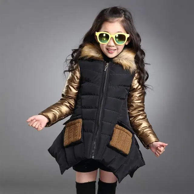 Модное зимнее пальто для девочек, Детский пуховик теплые парки верхняя одежда с капюшоном и меховым воротником, пальто для детей 4, 6, 8, 10, 12, 13 лет - Цвет: Черный