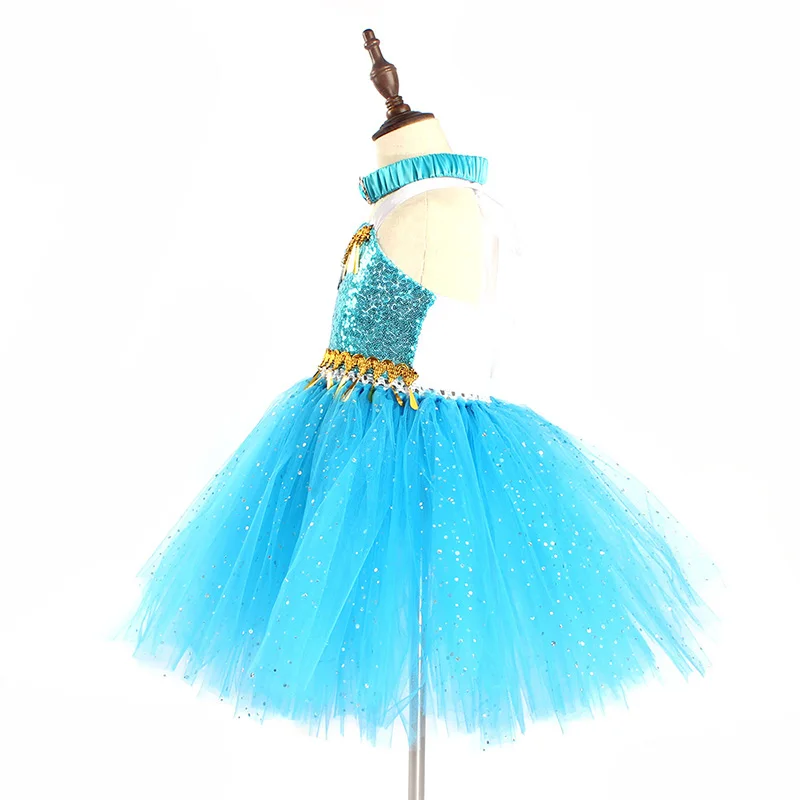Aladdin Jasmine Girls Tutu Dress Headband Outfit Kids Birthday Party Pageant Sparkly Tulle Fancy Dress Sequins Children Clothes (16)