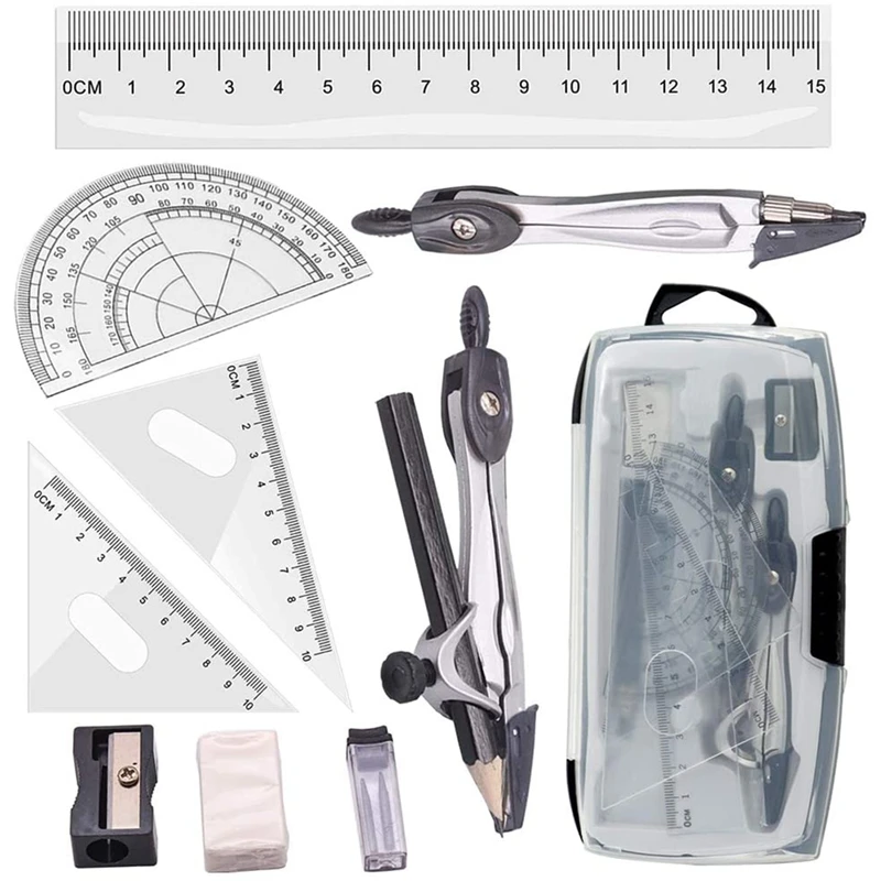 Geometry Compass Set 10Pcs School Maths Protractor Rulers for Student and Engineering in Carry Case | Канцтовары для офиса и